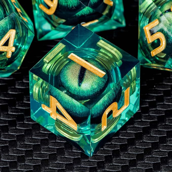 ARUOHHA DND Resin Dice Dragon Eye Liquid Core Polyhedral D and D Dice Set with Gift Box, Green Sharp Edged Dice Role Playing Game D20 D12 D10 D8 D6 D4