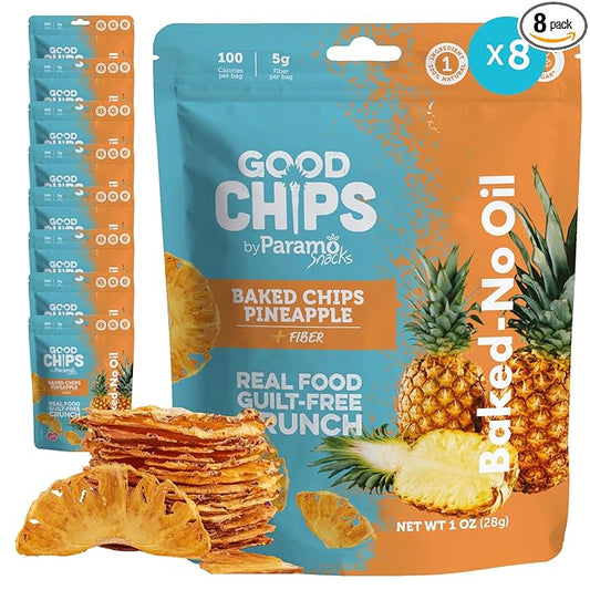 Good Chips Baked Crunchy Pineapple - Crispy, Oil Free, Healthy, Naturally Sweet Dried Fruit Snacks - 1 oz - Pack of 8