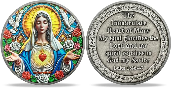 Immaculate Heart of Mary Religious Coin - Inspirational Virgin Mary Medallions with Biblical Verse - Ideal Religious and Spiritual Gifts for Men & Women Celebrating Faith and Devotion