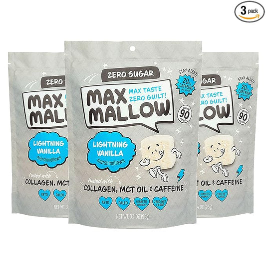 Max Mallow Sugar Free Marshmallows - Keto Friendly, Perfect for S'mores, Hot Chocolate, and Baking with Zero Sugar Snacks, Smores Mct Oil Zero Sugar Marshmellow Marshmallow Lightning Vanilla, 3 Pack