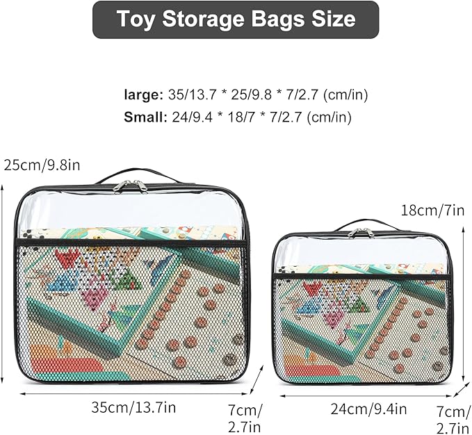 4 Pack Clear PVC Waterproof Toy Storage Bags with Name Tag Pockets - Zippered Organizer for 2x4 Building Blocks, Puzzles, Travel Toiletries, Kids Room Organization (Black, Small)
