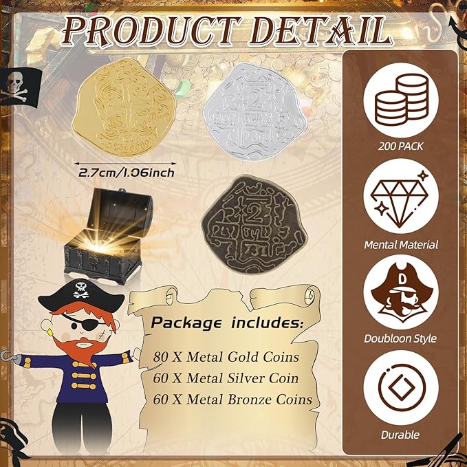 Hanaive 200 Pcs Metal Pirate Coins Set Gold Coins Treasure Chest Spanish Doubloon Fake Tokens for Boys and Girls Board Games Pirate Party Cosplay(Gold, Silver, Bronze)