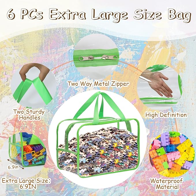 6 Packs Extra Large Toy Storage Bags, 12.6 * 9.25 * 6.9 IN Clear Colorful Waterproof Toy Organizer Bags with Labels, Dual Zippers and Portable Handheld Design, Board Game Storage for Building Blocks