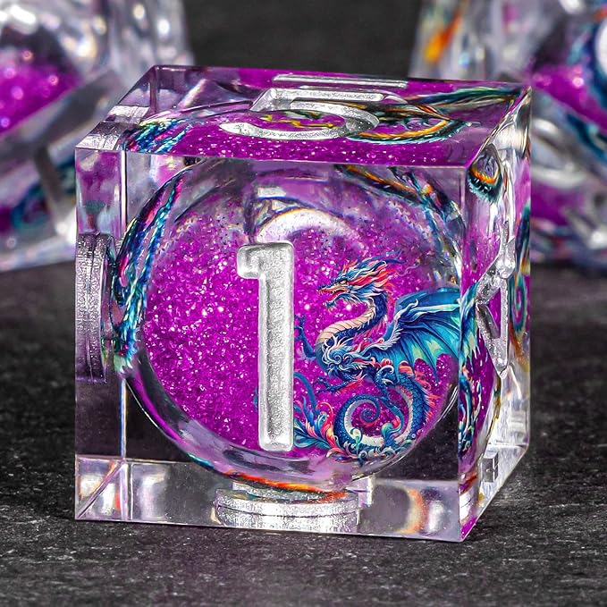 OUKELANWO Liquid Core Dragons Stickers DND Dice Set D&D, 7Pcs Dungeons D and D Role Playing Dice with Gift Box, Resin Sharp Edge Dice D20 D12 D10 D8 D6 D4, Purple White
