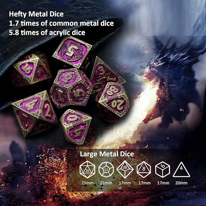 Haxtec Metal Dice Set Purple Black Dragon Pattern Metal DND Dice with Leather Dice Bag Polyhedral D&D Dice for Dungeons and Dragons TTRPG Gifts