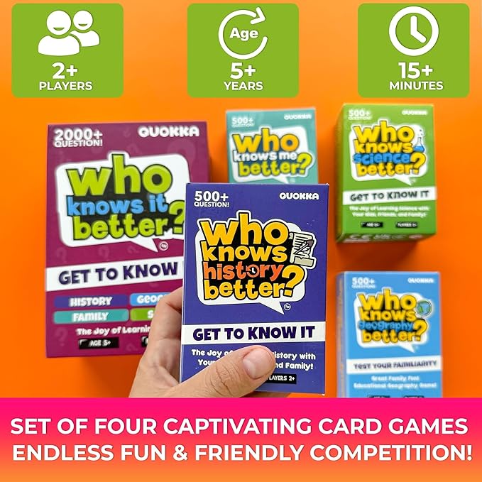 QUOKKA Who Knows Better? - Set 4 in 1 - Family Card Trivia Game | Fun Learning & Educational Questions for Families | Suitable for Boys & Girls