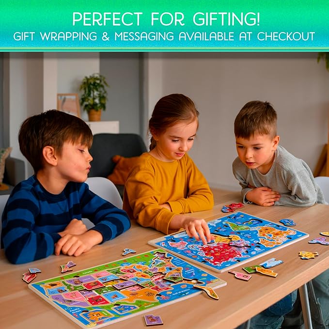 Montessori Mama Wooden Puzzles for Kids Ages 4-6, USA States and Capitols, World Continents and Oceans Kids Puzzles, Combo Set 2 Toddler Puzzles
