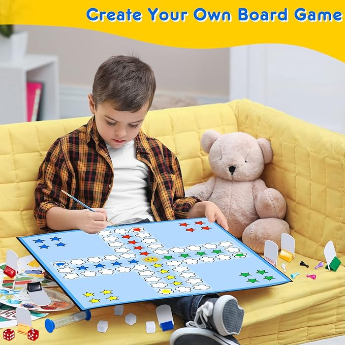 Deekin 131 Pcs DIY Create Your Own Board Game Kit with Blank Playing Cards, Foldable Blank Game Board, Dice, Pieces, Playing Card Stands, Rule Sheet, Sand Time