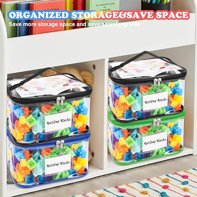 AOBOPLE 8 Pack Clear Toy Storage Bag with Name Tag & Manual Pocket, PVC Clear Toy Organizer Bags with Labels for Lego Bricks, Board Games, Building Blocks, Puzzles