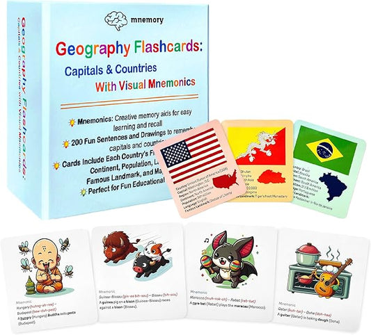200 Geography Flash Cards for Kids & Adults | Learn Countries & Capitals with Fun Memory Tricks, Games & Illustrations | Includes Country Flags & Fun Facts