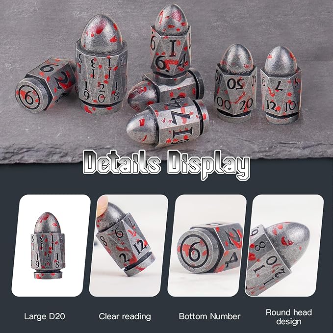 Bullet Dice,PCCECQEE D&D Dice for Dungeons and Dragons,Metal Dice Set of 7PC for Role Playing Game(SliverBlood)