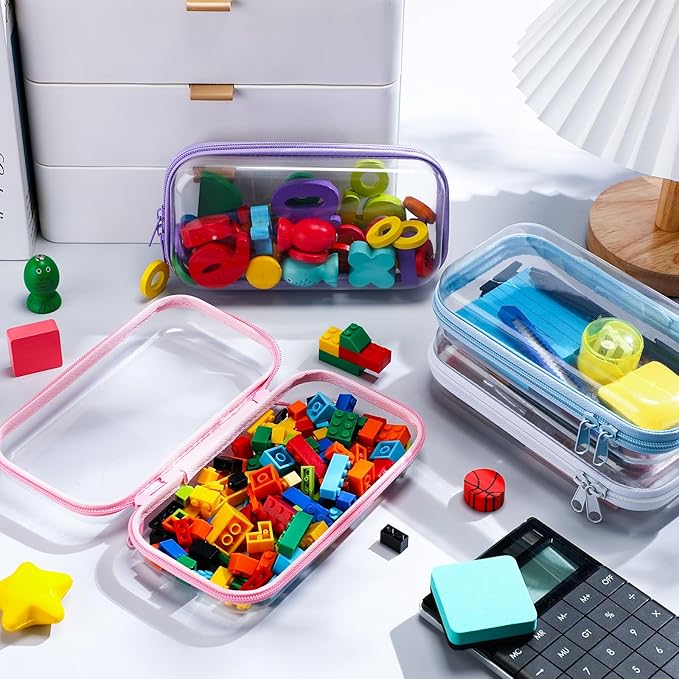 Hoolerry 4 Pcs Hard Clear Zipper Case Transparent Cases for Snacks Makeup Bag Plastic Storage Box Containers for Building Blocks, Puzzles, Cosmetics(Multicolor,7.5 x 3.9 x 2 in)