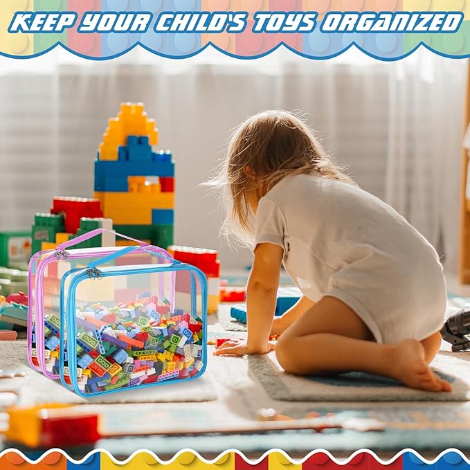 Sanwuta 6 Packs Toy Storage Bags, PVC Organizing Case Bags with Zipper, Waterproof Toy Container for Board Games, Building Blocks, Puzzles, Small Toys and Kids Books(Large,Cute Colors)