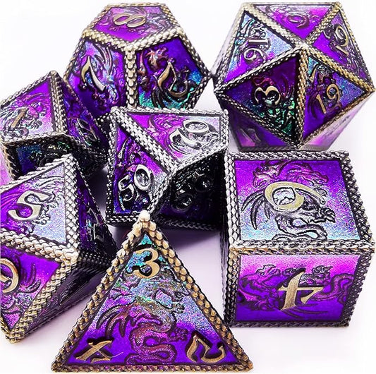 HAOMEJA Dungeons and Dragons Dice Set - Metal 6 Sided Polyhedral Dice for Pathfinder, MTG, Board Games (D20, D12, D10, D8, D6, D4) - Silver, Blue, Purple