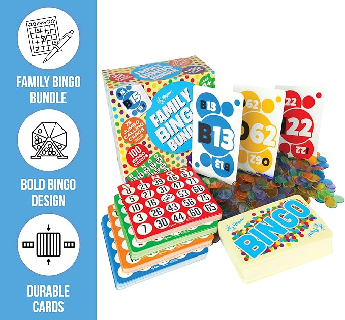 Regal Bingo Family Bingo Bundle Set with 100 Classic Bingo Cards, 75 Jumbo Calling Cards & Bingo Chips 1000 Pcs