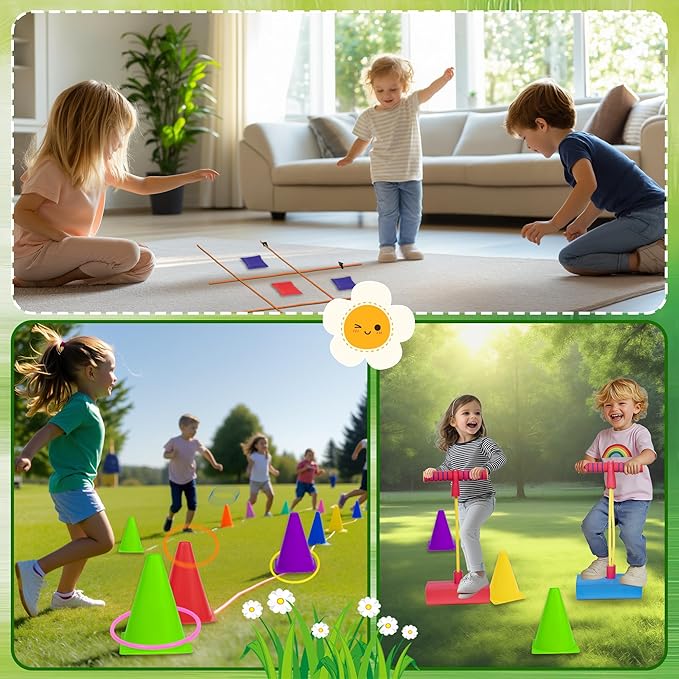 50PCS 6-in-1 Carnival Outdoor Game Combo for Kids, Foam Pogo Jumper, Giant Tic Tac Toe, Soft Plastic Cones Bean Bags Ring Toss Game, Perfect for Birthday Parties, Family Reunions, Field Days Yard Play
