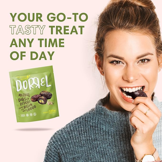 Dorrel Belgian Dark Chocolate Covered Medjool Dates Stuffed with Pistachios, Nutritious and Tasty Dark Chocolate Pistachio Nuts, High-Energy Snack, Non-GMO, Kosher, 1 Pack