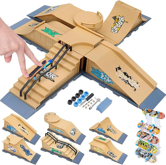 Finger Skateboards Ramp Set, 6 in 1 Fingerboard Skatepark Deck with 6 Ramps, Fingerboard Half Pipe Ramp for Kids Adults Fingerboard Training Props Interactive Freestyle Skate Game, Yellow