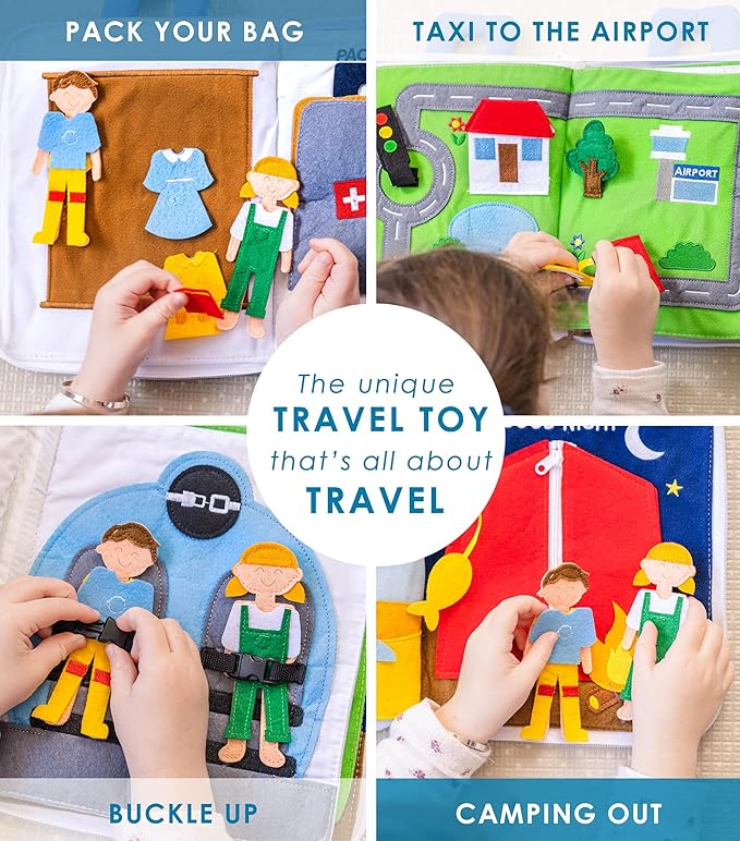 Curious Columbus Quiet Book – Away We Go Busy Book for Toddlers, Montessori Airplane Travel Toy for Preschool and Early Learning