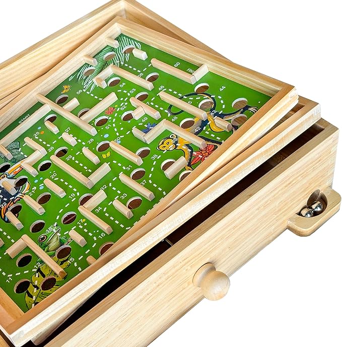STERLING Games Wooden Labyrinth Jungle Nature Theme Tilt Maze Game with Marble Ball and 60 Waypoints for 6 Years Up, 13.5" x 13" Board