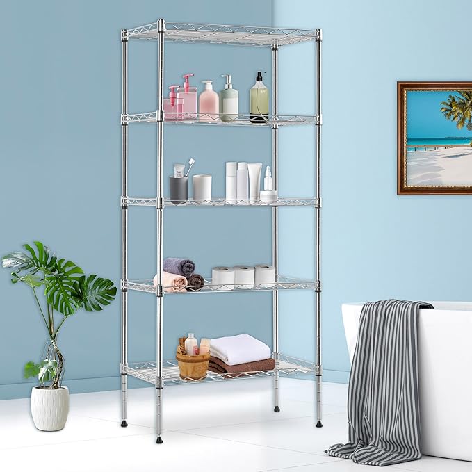 BestOffice Garage Shelving 5 Tier Metal Storage Shelves 750lbs Weight Capacity Heavy Duty Wire Shelving NSF Certified Utility Shelves with Leveling Feet for Garage Home Office, Chrome