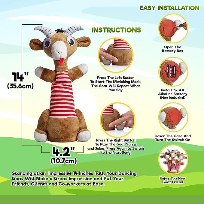 Gagster Screaming Goat Dancing Toy – Mimicking Toy for Kids – Repeats What You Say, Singing & Talking – Electronic Yodeling – Funny White Elephant Gag Gift for Anyone Who Loves Talking