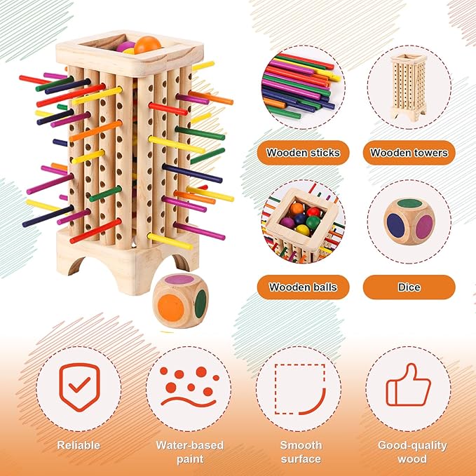 Wooden Board Game Set, Colorful Wood Sticks Game Wooden Sticks Stacking Game Montessori Game Math Educational Toys Preschool Toy Gift for Kids Boys Girls