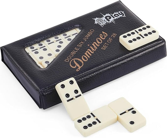 PUREPLAY Jumbo Classic Dominoes Double 6 Game Set，Ivory 28pcs Domino Set in Poatable PVC Case-Family Nights,Party Favors,Travel and Anytime Use,2-4 Players