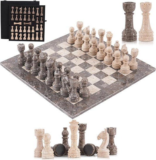 Marble Chess Set 15 Inch Oceanic & Travertine Checkers Board Game with Pieces, 2 Extra Queens and Storage Box, Strategy Set for Adults & Family, Travel, Tabletop Play