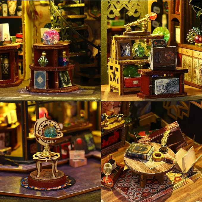 Miniature House Kit DIY Mini House Building Kit with LED Light, DIY Mini Dollhouse with Furniture Book Nook Kit, 3D Wooden Puzzle Wooden Bookend Shelf Insert Decro (Holo Magic City)