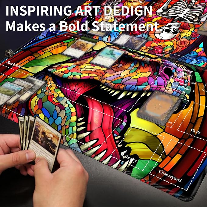 Playmat 24" x 14" Game Mats Tabletop Magic for MTG/TCG Cards, Trading Card Game Playing Stitched Play Mats Commander Deck Gaming Desk Mat Card Gameplay Mats, Stained Glass Retro T-Rex