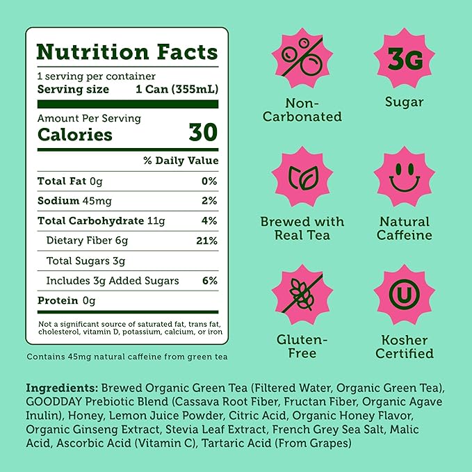 HALFDAY Prebiotic Green Tea with Honey & Ginseng, Supports Digestive & Gut Health, 6g Plant Fiber, Low Sugar, 30 Calories, Natural Caffeine, Gluten Free, 12 fl oz (12 pack) Packaging May Vary