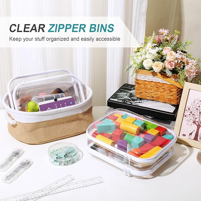 Hoolerry 4 Pcs Hard Clear Zipper Case Transparent Cases for Snacks Makeup Bag Plastic Storage Box Containers for Building Blocks, Puzzles, Cosmetics(White,9.8 x 7.9 x 2 in)