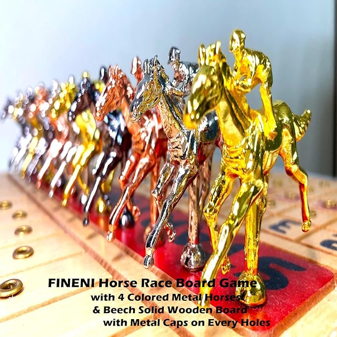 Horse Racing Game for Adults, Horse Race Board Game with 11 Luxurious Metal Horses (Gold, Silver, Black, Rose Gold), 22” Beech Wood Horse Race Game Board, Dice & Golden Card Included (Beech)