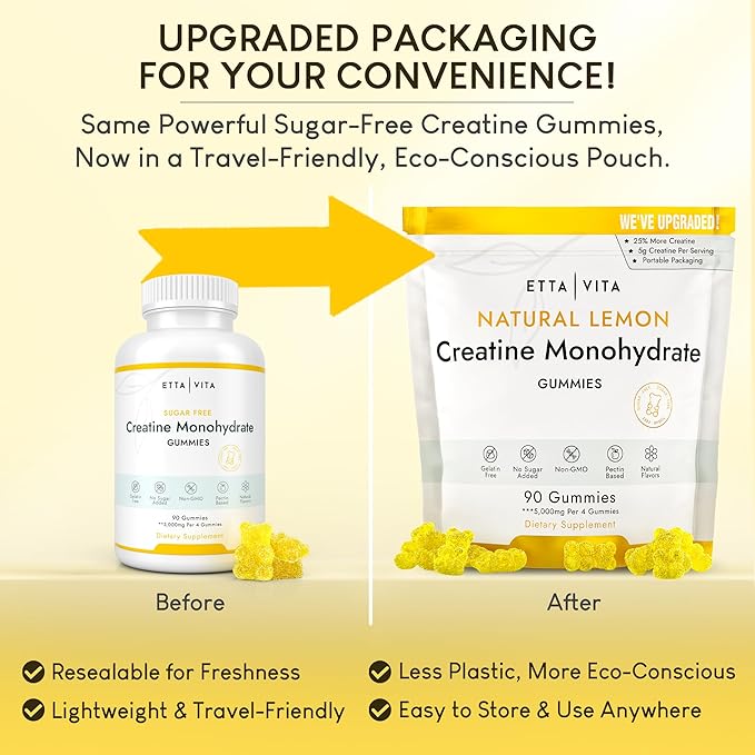 Sugar-Free Creatine Monohydrate Gummies 5gram per Serving, Potent Creatine Gummies for Men & Women, Supplement for Muscle Support, Cellular Energy & Cognitive Function, Gluten-Free