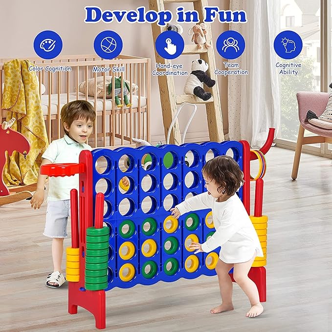 Giant 4 in a Row Connect Game, Jumbo 4 to Score Game Set w/ 42 Chess Rings, Basketball & Hoop, Toss Rings & Quick-Release Lever, Indoor & Outdoor Family Party Game for Kids & Adults, Red