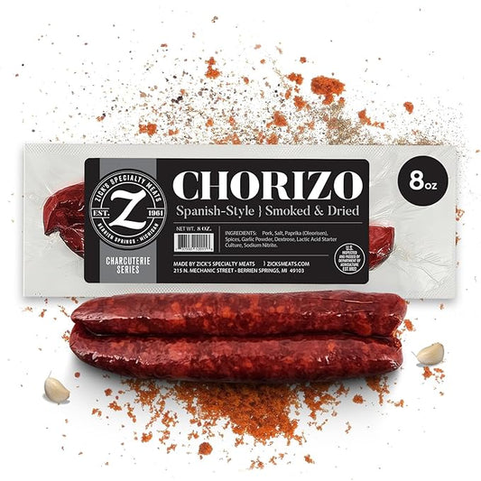 Zick’s Specialty Meats Spanish Chorizo Sausage (8oz) | Healthy & Organic Spanish Chorizo | Premium Naturally Cured Charcuterie Meat Series | Smoked & Dried Sausage | Gourmet Food | High-Protein Snack