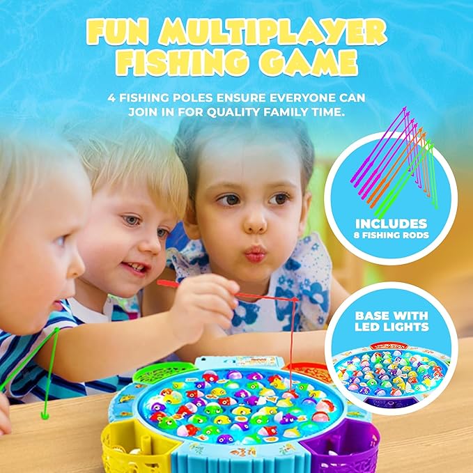 IPIDIPI TOYS Fishing Game for Kids, Light Up Magnetic for Toddlers - Rotating Fish Board with Music and LED, Fine Motor Skill Activity for Boys and Girls - 45 Fish, 8 Poles
