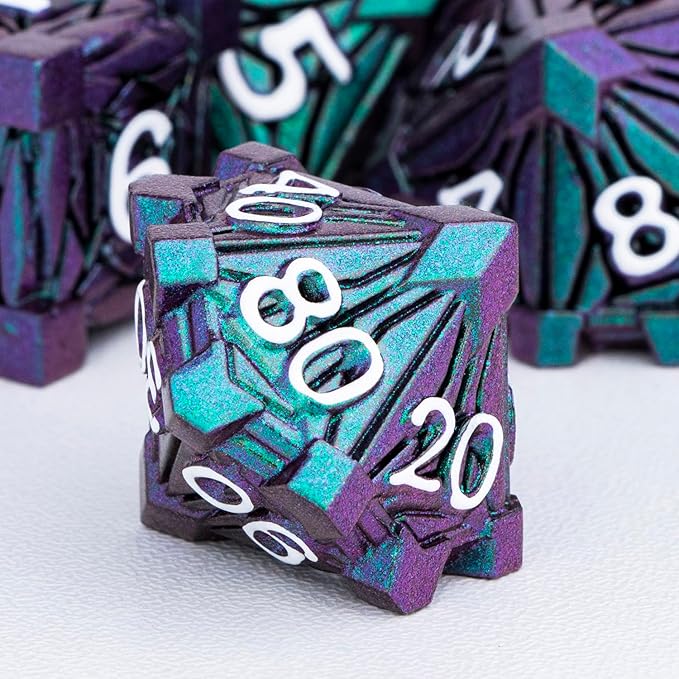 7PCS Metal DND Dice Set with Box, Debris RPG Green Purple D and D Dice for use with D&D Tabletop Games Role Playing Game Polyhedral Dice Set D20 D12 D10 D8 D6 D4
