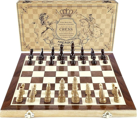 AMEROUS Chess Set, 15"x15" Folding Magnetic Wooden Standard Chess Game Board Set with Wooden Crafted Pieces and Chessmen Storage Slots