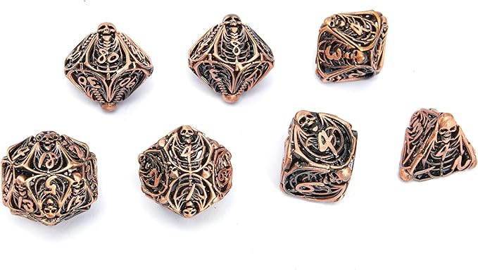 Metal Skull Dice Set Hollow Multi-Sided Dungeons & Dragons Dice 7CPS Role-Playing Dice Set with Flannel Bag Suitable for D&D Board Game Cards(Antique red Copper)