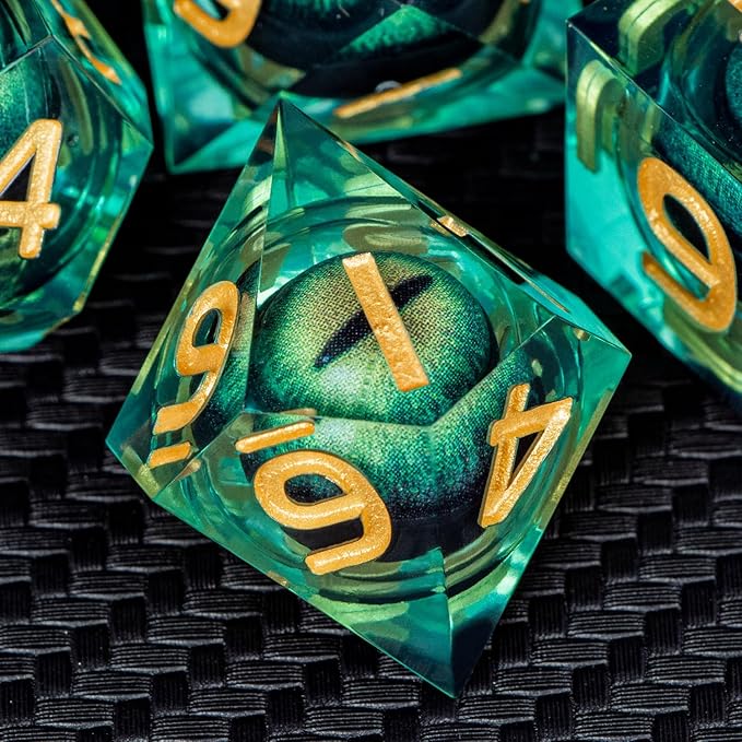 ARUOHHA DND Resin Dice Dragon Eye Liquid Core Polyhedral D and D Dice Set with Gift Box, Green Sharp Edged Dice Role Playing Game D20 D12 D10 D8 D6 D4