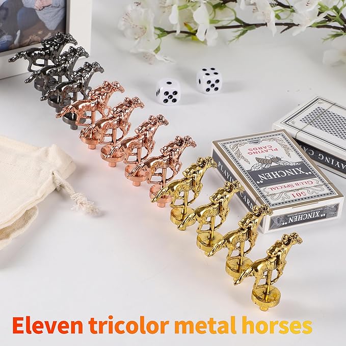 Large 21 inches Horse Racing Board Game Thickened Solid Wood with 11 Luxurious Durable Classic Metal Horses Including Dice and Cards Finish LINE Race Game Board Racing Game Set (Large, Log)