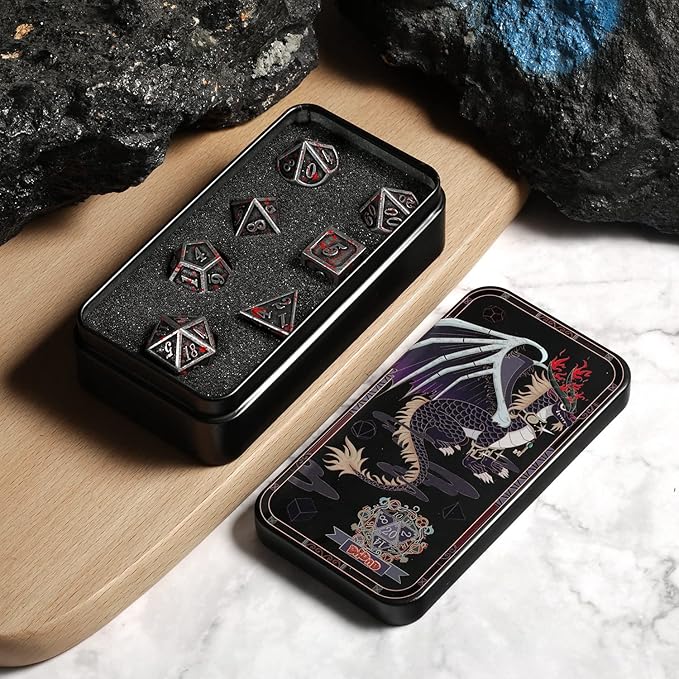 Acient Silver Bloodstained Metal Dice Set DND, DNDND 7PCS Metallic Halloween Die with Metal Case for Dungeons and Dragons Tabletop Games