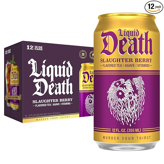 Liquid Death, Slaughter Berry Flavored Iced Tea, 12-Pack (12 oz Cans), Raspberry Flavored Black Tea, Low Calorie, No Artificial Sweeteners, B12 & B6 Vitamins