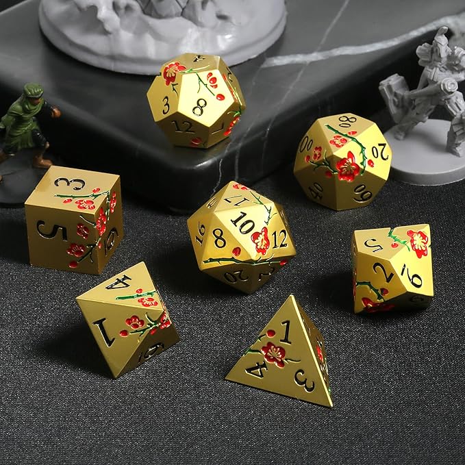DNDND Flowers Metal Dice, 7 PCS Metallic DND Dice with Gorgeous Gift Case for D&D Dungeons and Dragon Tabletop Game (Red Flowers with Gold)