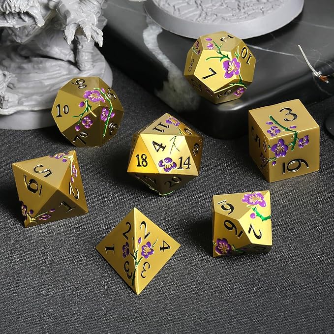 DNDND Metal Dice Set, 7 PCS Metallic Flowers DND Dice with Gorgeous Gift Case for D&D Dungeons and Dragon Tabletop Game (Purple Flowers with Gold)
