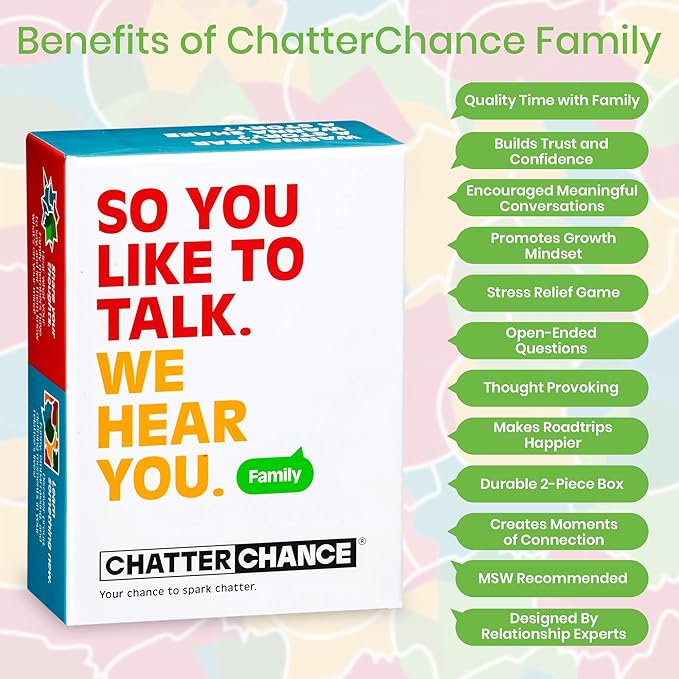 ChatterChance Family: Conversation Card Games - Family Fun Game for Day & Night Party or Car Road Trip - 80 Thought Provoking Family Questions - Deck of Question Cards Gift for Kids, Teens & Adults