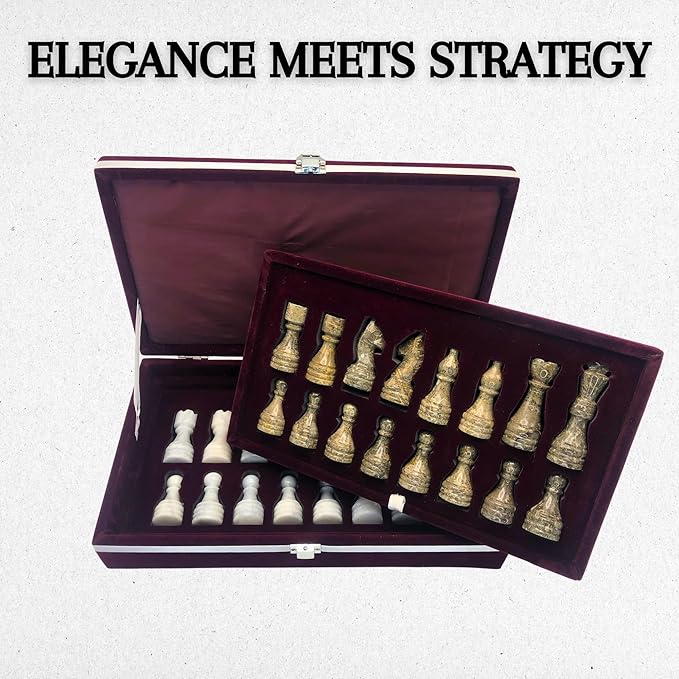 Handcrafted Premium Marble Chess Pieces Set – Elegant 32-Piece Replacement for 12-15 Inch Chess Boards Storage Box (Grey and White)