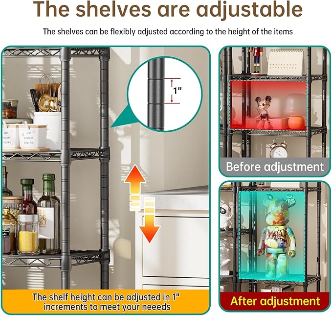 6 Tier Adjustable Storage Shelves Narrow Mesh Gaps Metal Utility Shelf Wire Shelving Unit Organizer Rack for Home Kitchen Office Bathroom Pantry Room10 D x 16" W x 60" H Black